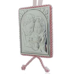 Capoculla medaglione rosa rettangolare cm 9x7 Sacra Famiglia laminata argento